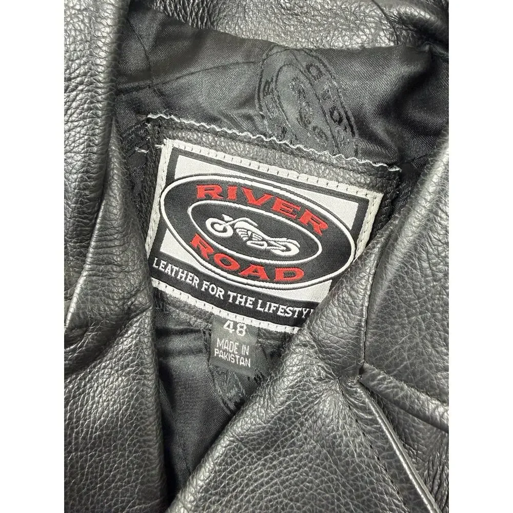 River Road Leather Motorcycle Jacket Mens 48 Black Biker Belted Leaders Patch